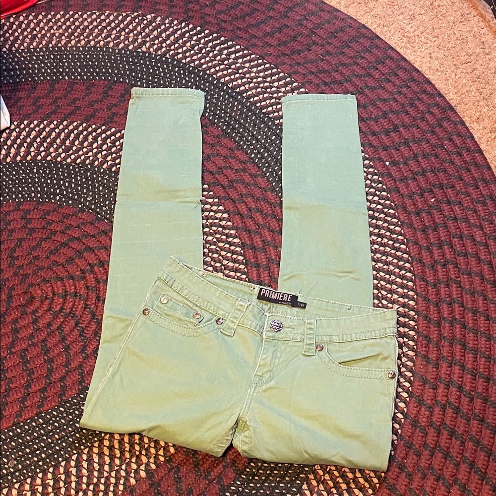 Premiere By Rue21 Green Low Rise Y2K Bling Skinny Jean‎ Size 7/8